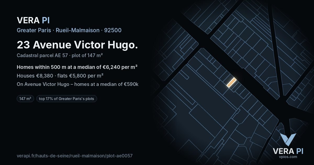 23 Avenue Victor Hugo, Rueil-Malmaison at night – the plot lit, the parcels around coloured by the prices near them