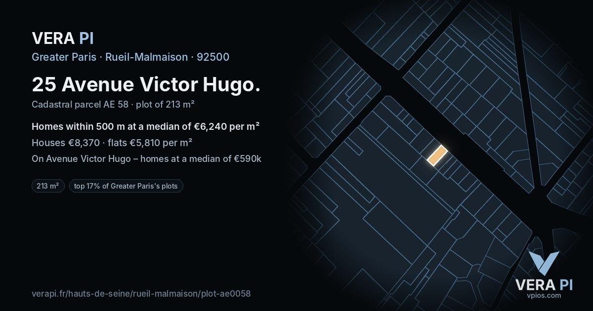 25 Avenue Victor Hugo, Rueil-Malmaison at night – the plot lit, the parcels around coloured by the prices near them