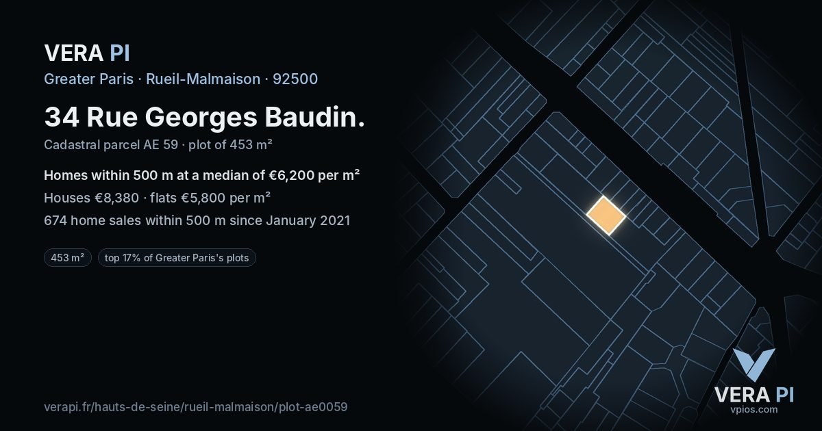 34 Rue Georges Baudin, Rueil-Malmaison at night – the plot lit, the parcels around coloured by the prices near them