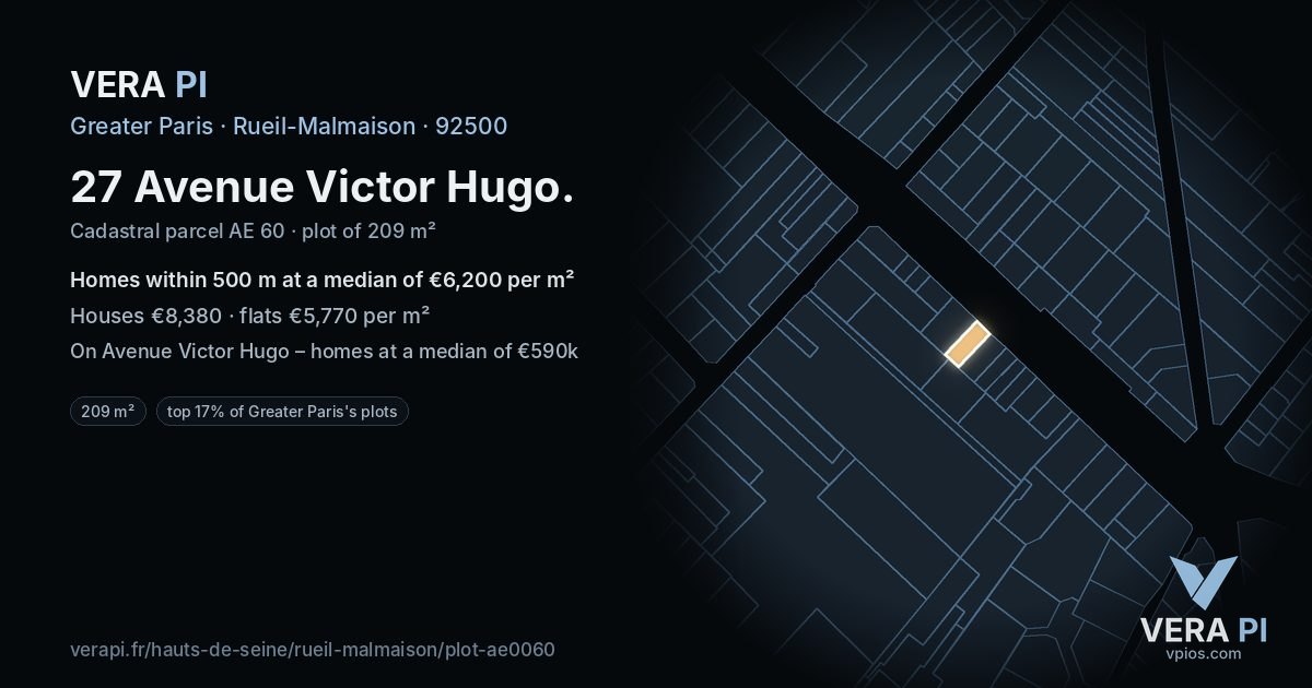 27 Avenue Victor Hugo, Rueil-Malmaison at night – the plot lit, the parcels around coloured by the prices near them