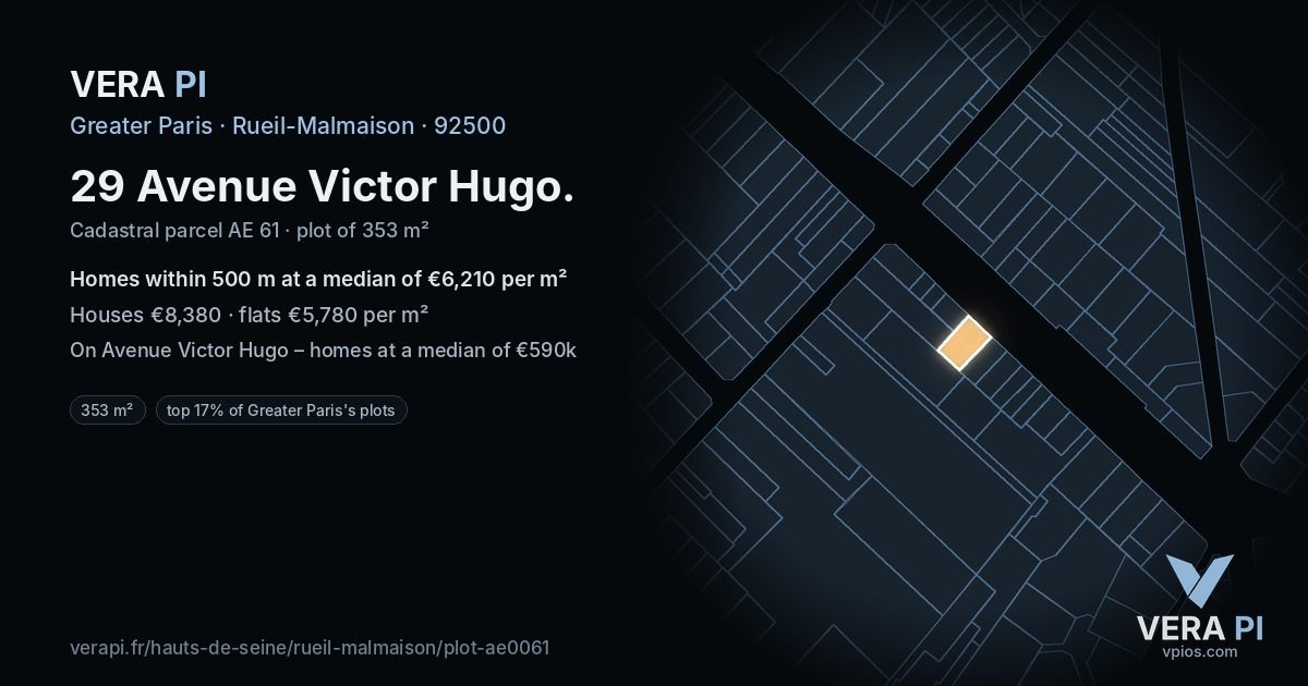 29 Avenue Victor Hugo, Rueil-Malmaison at night – the plot lit, the parcels around coloured by the prices near them