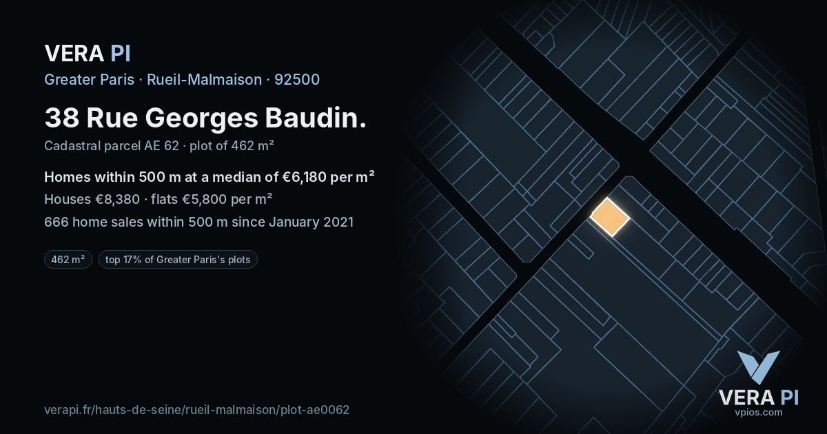 38 Rue Georges Baudin, Rueil-Malmaison at night – the plot lit, the parcels around coloured by the prices near them