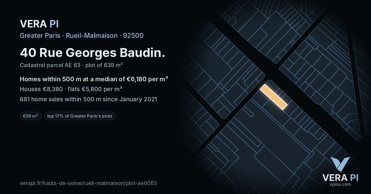 40 Rue Georges Baudin, Rueil-Malmaison at night – the plot lit, the parcels around coloured by the prices near them