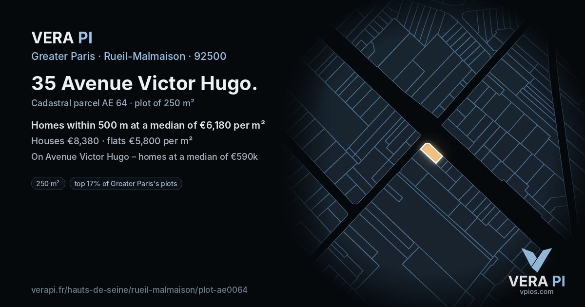 35 Avenue Victor Hugo, Rueil-Malmaison at night – the plot lit, the parcels around coloured by the prices near them