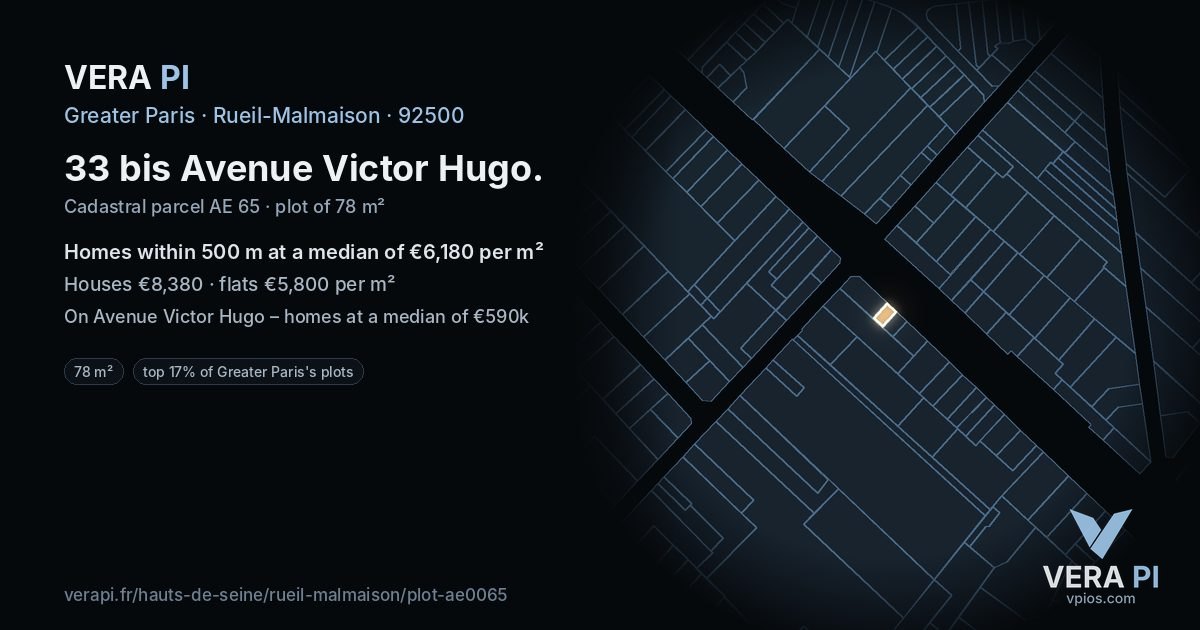 33 bis Avenue Victor Hugo, Rueil-Malmaison at night – the plot lit, the parcels around coloured by the prices near them