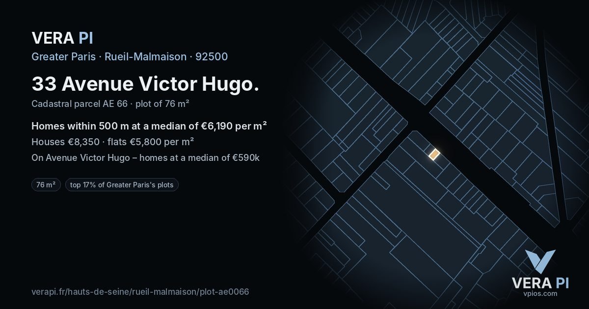 33 Avenue Victor Hugo, Rueil-Malmaison at night – the plot lit, the parcels around coloured by the prices near them
