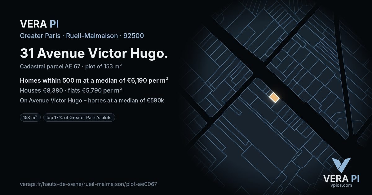 31 Avenue Victor Hugo, Rueil-Malmaison at night – the plot lit, the parcels around coloured by the prices near them