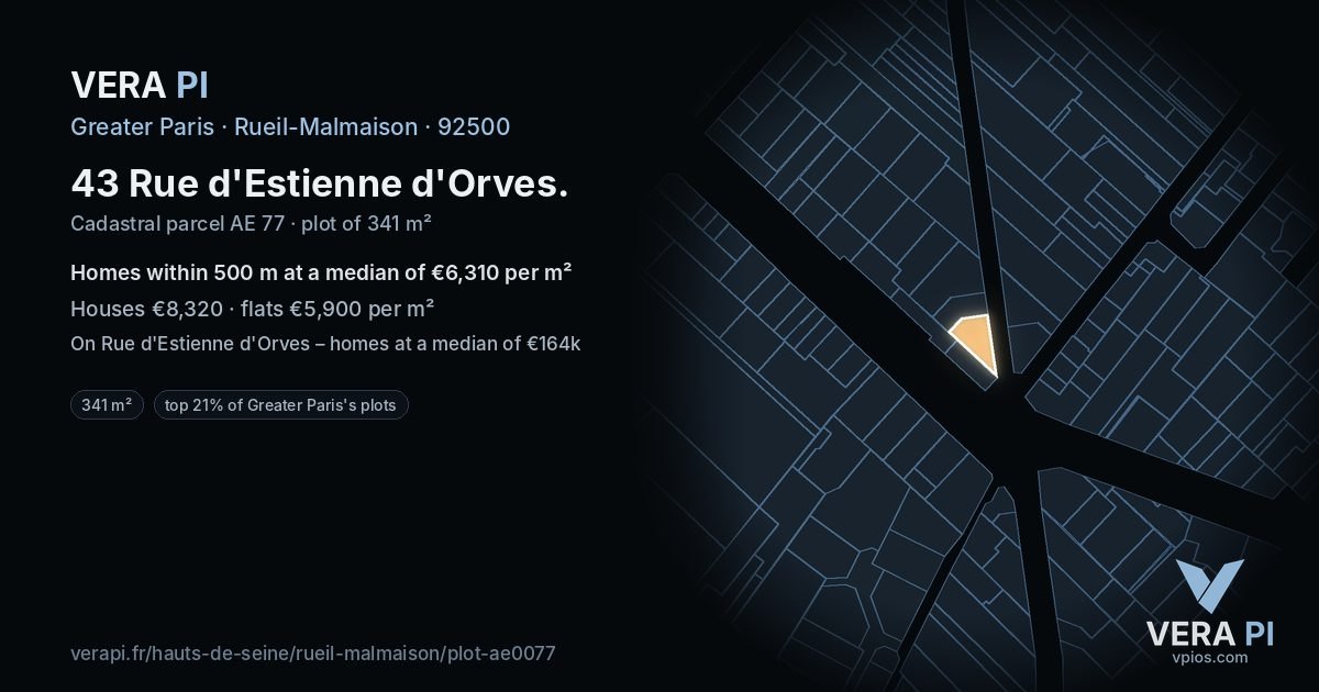 43 Rue d'Estienne d'Orves, Rueil-Malmaison at night – the plot lit, the parcels around coloured by the prices near them