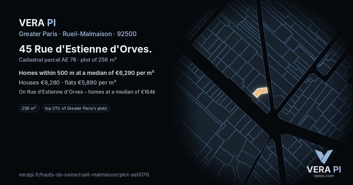45 Rue d'Estienne d'Orves, Rueil-Malmaison at night – the plot lit, the parcels around coloured by the prices near them