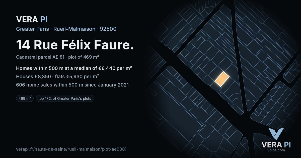 14 Rue Félix Faure, Rueil-Malmaison at night – the plot lit, the parcels around coloured by the prices near them
