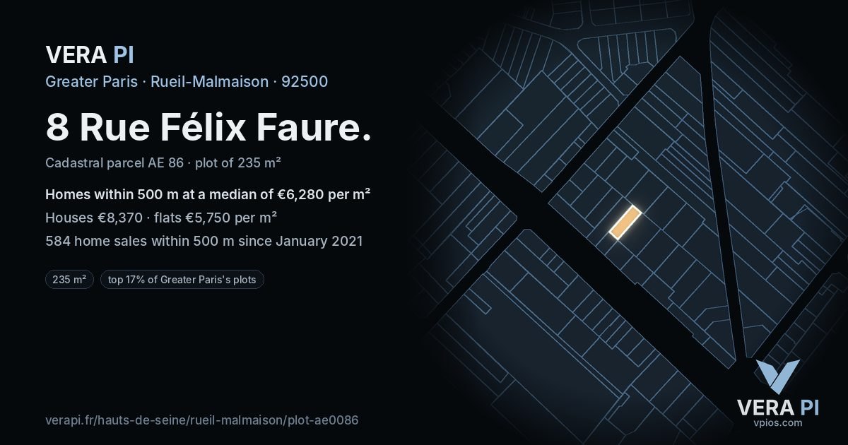 8 Rue Félix Faure, Rueil-Malmaison at night – the plot lit, the parcels around coloured by the prices near them