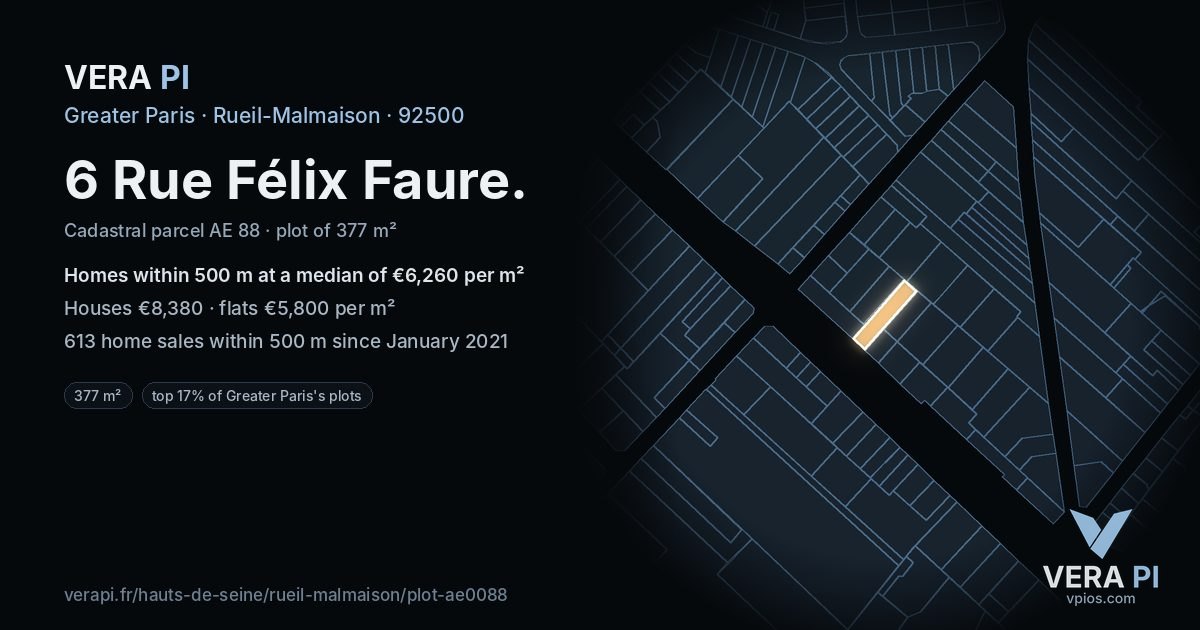 6 Rue Félix Faure, Rueil-Malmaison at night – the plot lit, the parcels around coloured by the prices near them