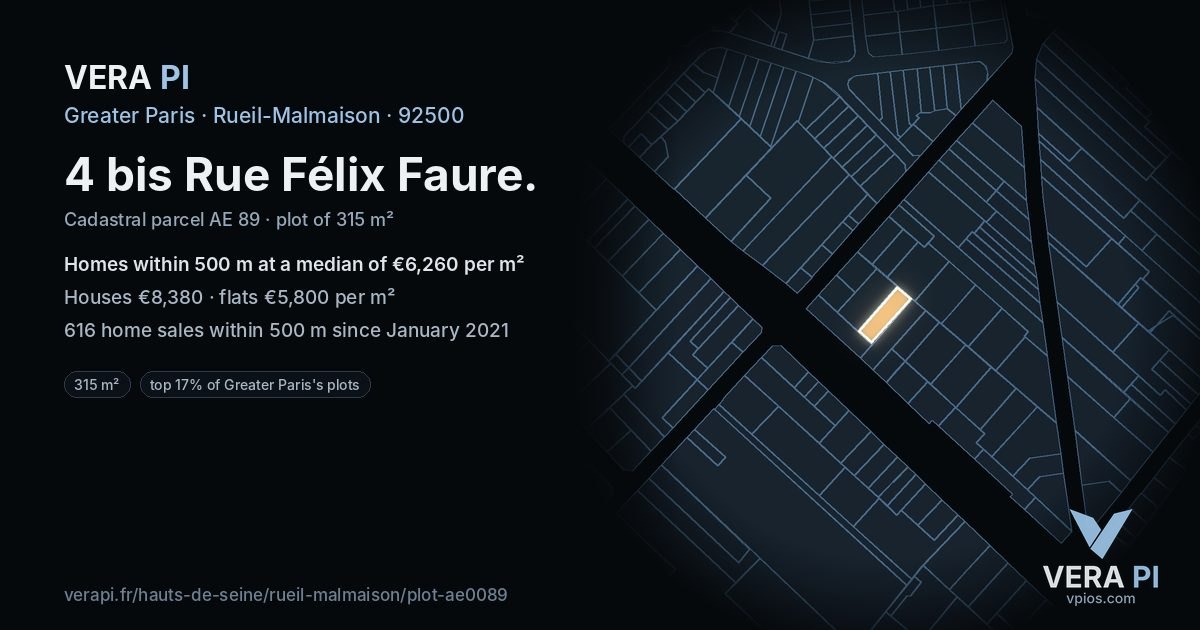 4 bis Rue Félix Faure, Rueil-Malmaison at night – the plot lit, the parcels around coloured by the prices near them