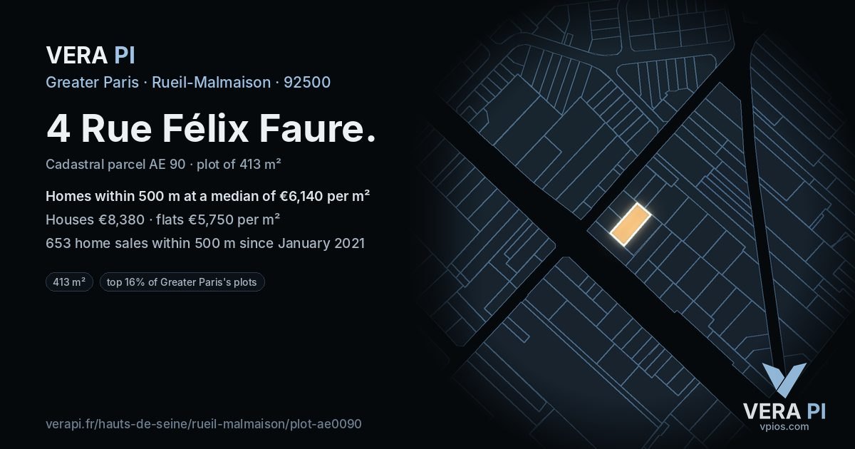 4 Rue Félix Faure, Rueil-Malmaison at night – the plot lit, the parcels around coloured by the prices near them