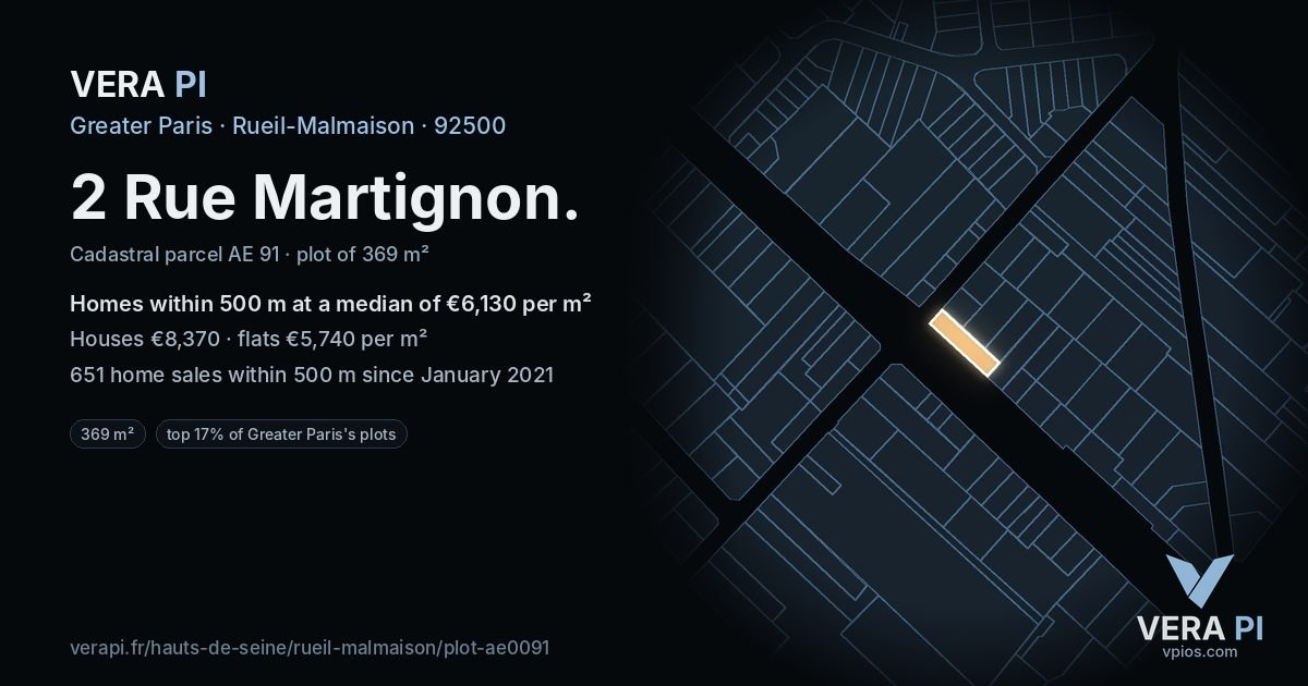2 Rue Martignon, Rueil-Malmaison at night – the plot lit, the parcels around coloured by the prices near them