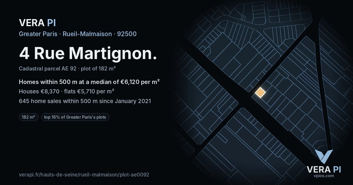 4 Rue Martignon, Rueil-Malmaison at night – the plot lit, the parcels around coloured by the prices near them