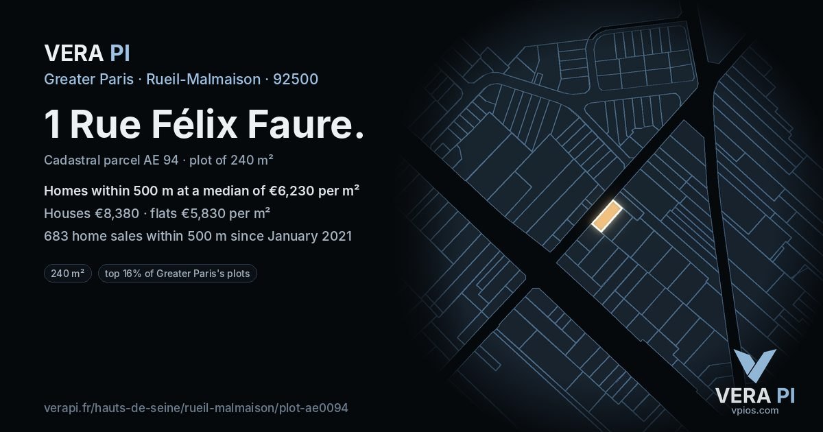 1 Rue Félix Faure, Rueil-Malmaison at night – the plot lit, the parcels around coloured by the prices near them