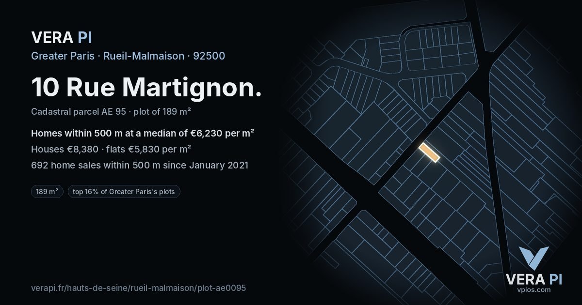 10 Rue Martignon, Rueil-Malmaison at night – the plot lit, the parcels around coloured by the prices near them