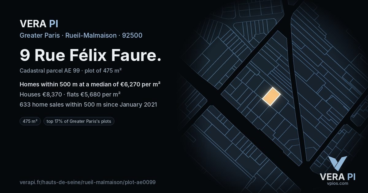 9 Rue Félix Faure, Rueil-Malmaison at night – the plot lit, the parcels around coloured by the prices near them