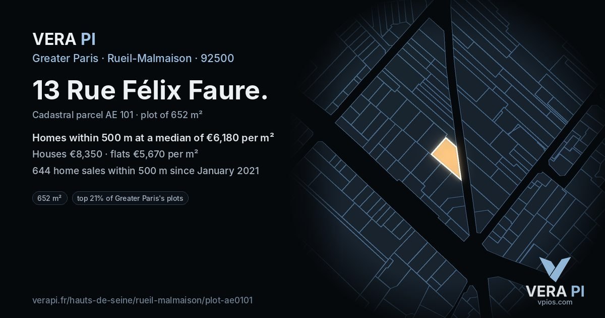 13 Rue Félix Faure, Rueil-Malmaison at night – the plot lit, the parcels around coloured by the prices near them