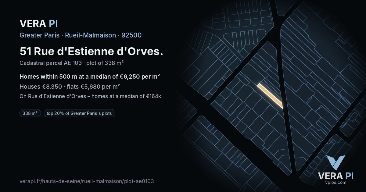 51 Rue d'Estienne d'Orves, Rueil-Malmaison at night – the plot lit, the parcels around coloured by the prices near them