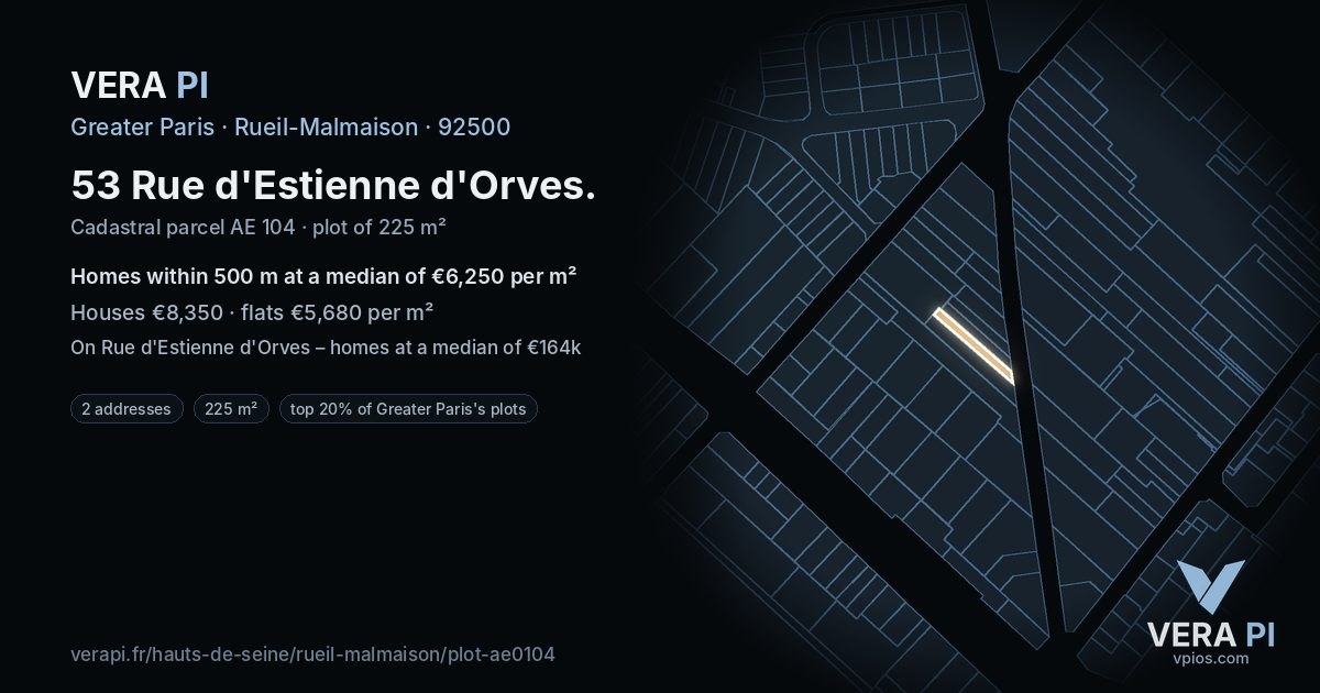53 Rue d'Estienne d'Orves, Rueil-Malmaison at night – the plot lit, the parcels around coloured by the prices near them