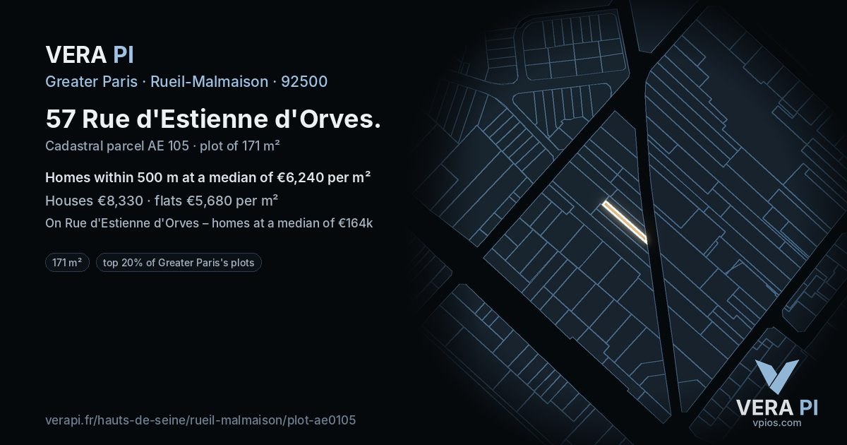 57 Rue d'Estienne d'Orves, Rueil-Malmaison at night – the plot lit, the parcels around coloured by the prices near them