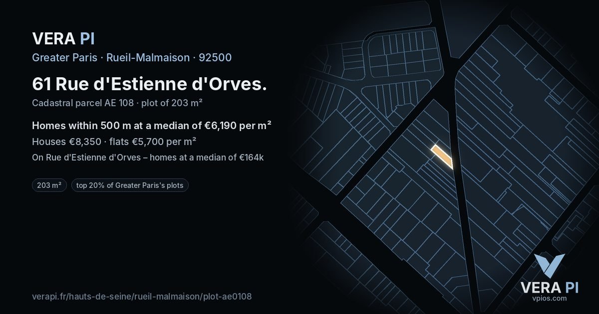61 Rue d'Estienne d'Orves, Rueil-Malmaison at night – the plot lit, the parcels around coloured by the prices near them