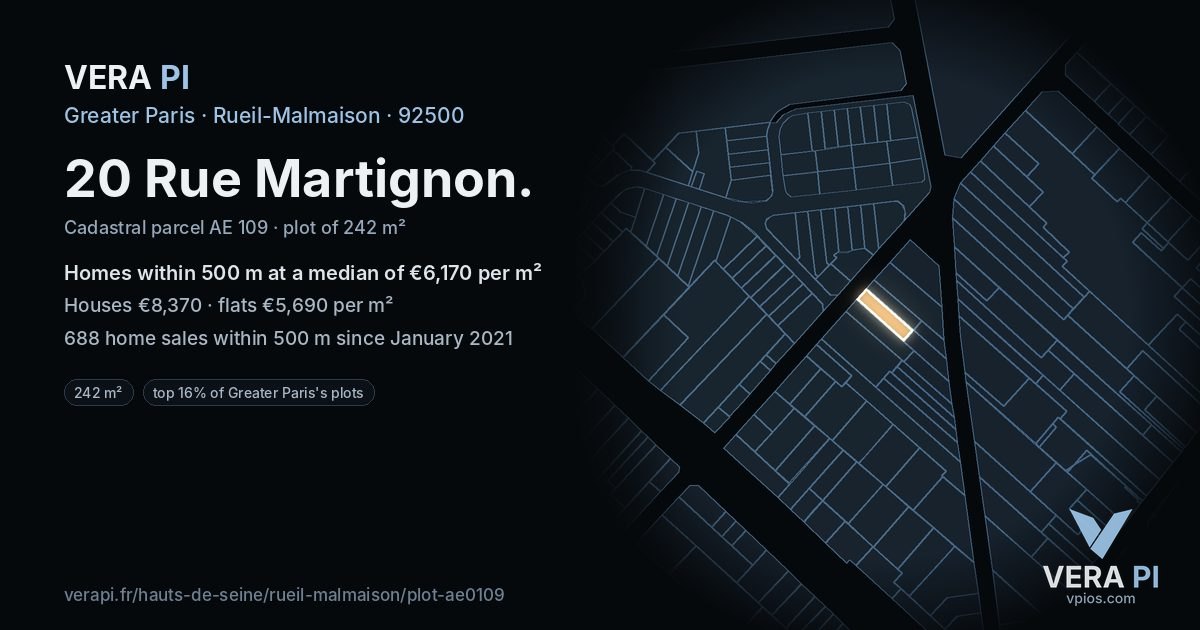 20 Rue Martignon, Rueil-Malmaison at night – the plot lit, the parcels around coloured by the prices near them