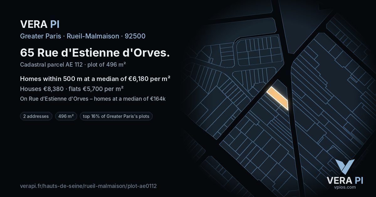 65 Rue d'Estienne d'Orves, Rueil-Malmaison at night – the plot lit, the parcels around coloured by the prices near them