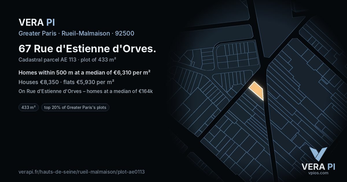 67 Rue d'Estienne d'Orves, Rueil-Malmaison at night – the plot lit, the parcels around coloured by the prices near them