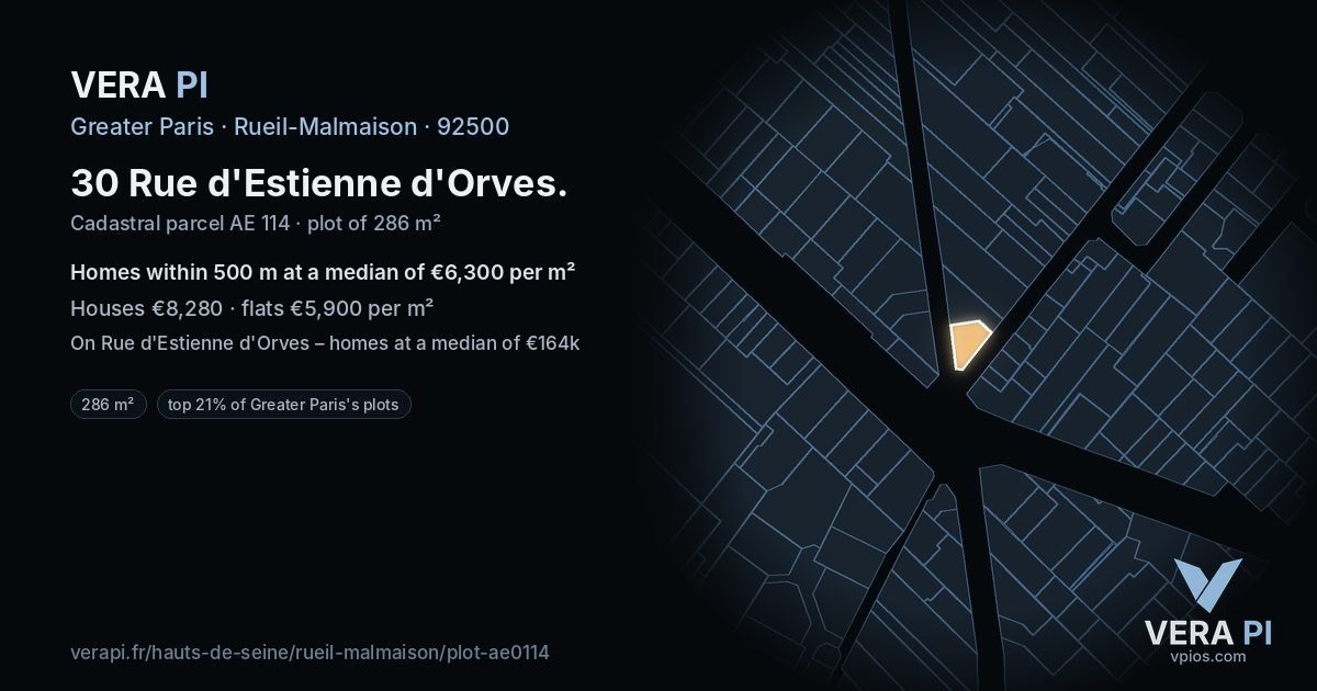 30 Rue d'Estienne d'Orves, Rueil-Malmaison at night – the plot lit, the parcels around coloured by the prices near them