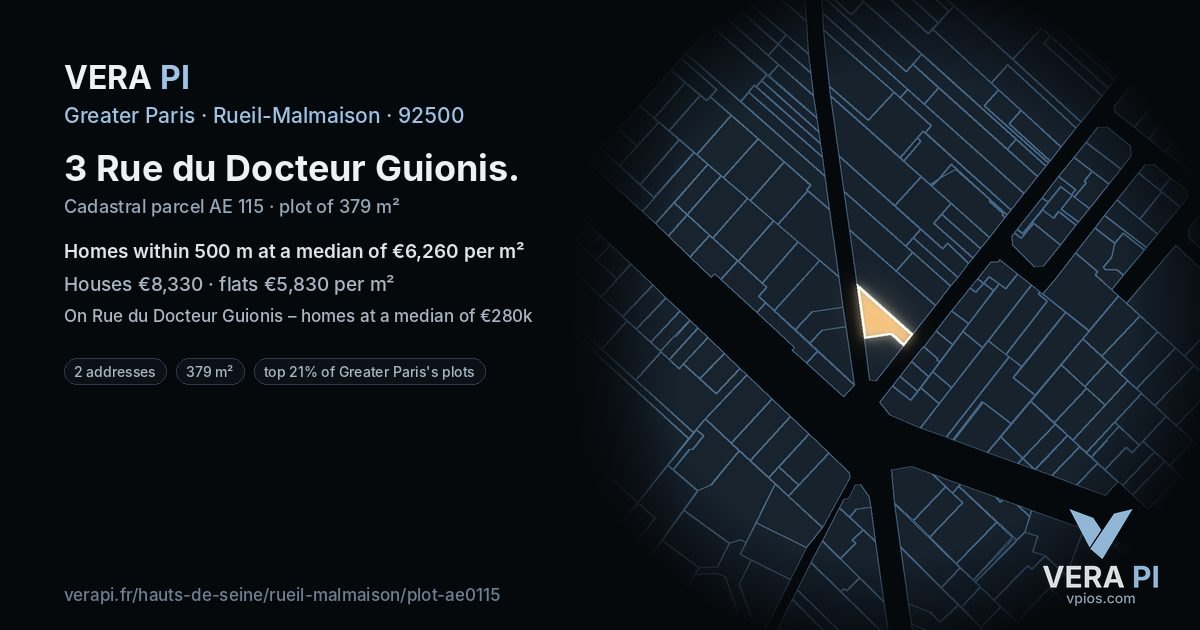3 Rue du Docteur Guionis, Rueil-Malmaison at night – the plot lit, the parcels around coloured by the prices near them