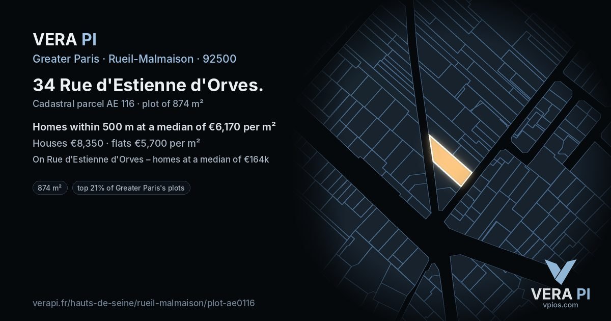 34 Rue d'Estienne d'Orves, Rueil-Malmaison at night – the plot lit, the parcels around coloured by the prices near them