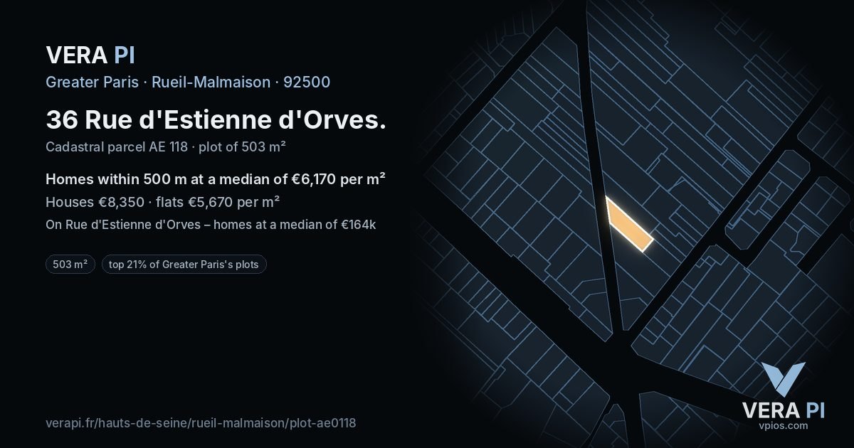 36 Rue d'Estienne d'Orves, Rueil-Malmaison at night – the plot lit, the parcels around coloured by the prices near them