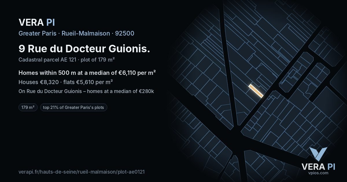 9 Rue du Docteur Guionis, Rueil-Malmaison at night – the plot lit, the parcels around coloured by the prices near them
