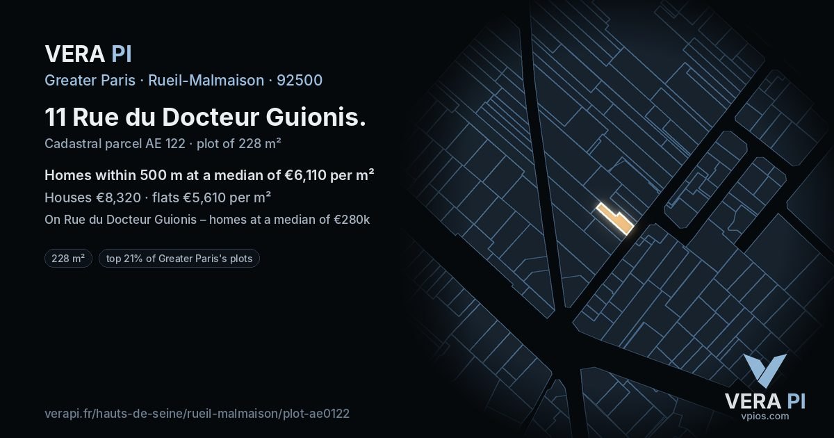 11 Rue du Docteur Guionis, Rueil-Malmaison at night – the plot lit, the parcels around coloured by the prices near them