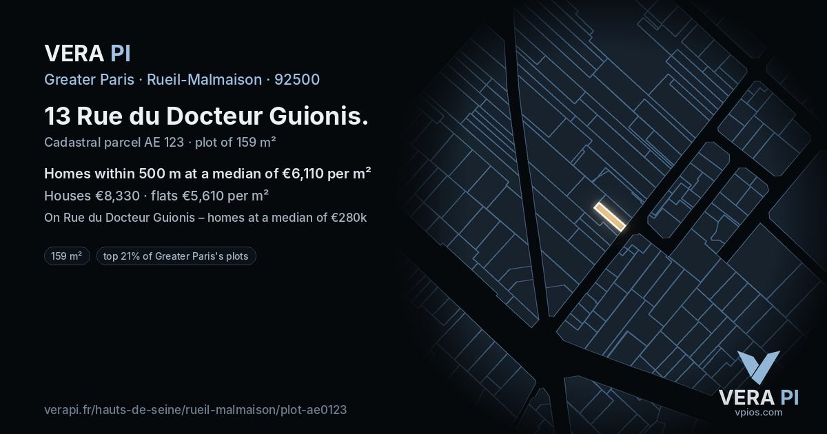 13 Rue du Docteur Guionis, Rueil-Malmaison at night – the plot lit, the parcels around coloured by the prices near them