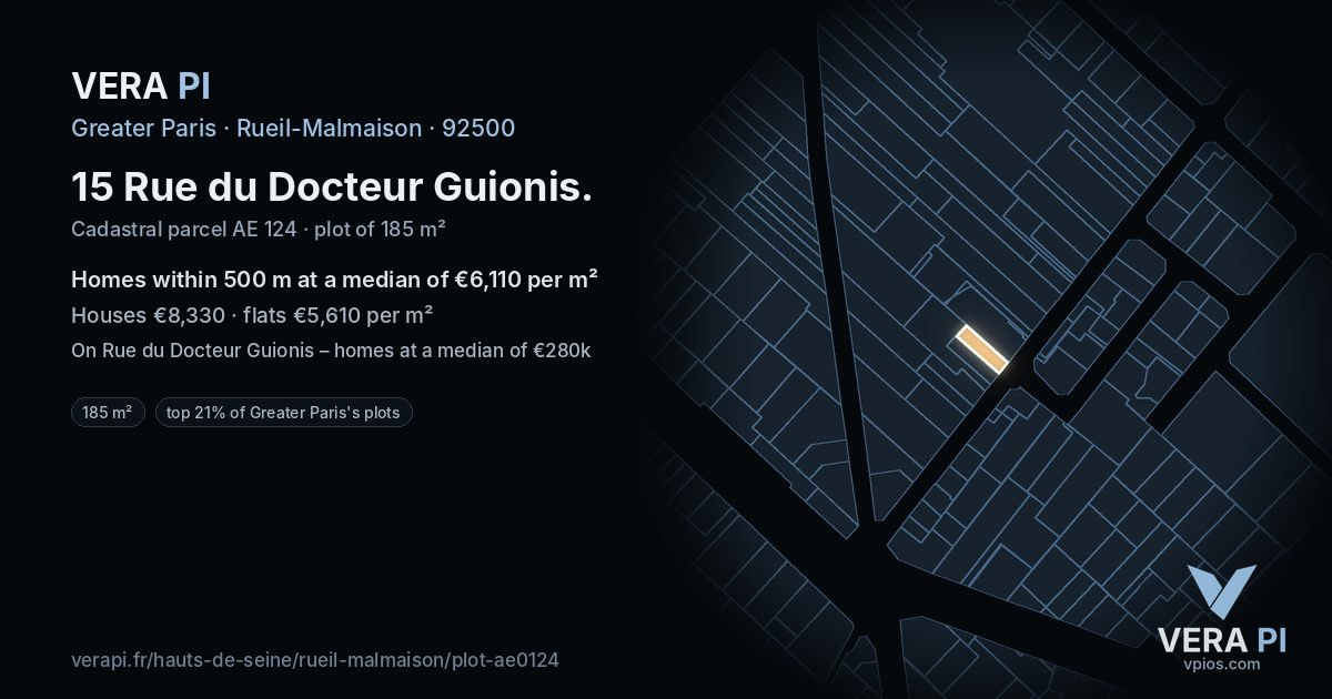 15 Rue du Docteur Guionis, Rueil-Malmaison at night – the plot lit, the parcels around coloured by the prices near them