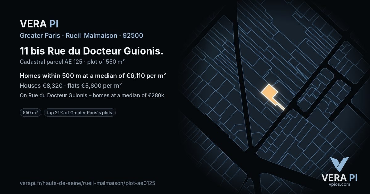 11 bis Rue du Docteur Guionis, Rueil-Malmaison at night – the plot lit, the parcels around coloured by the prices near them