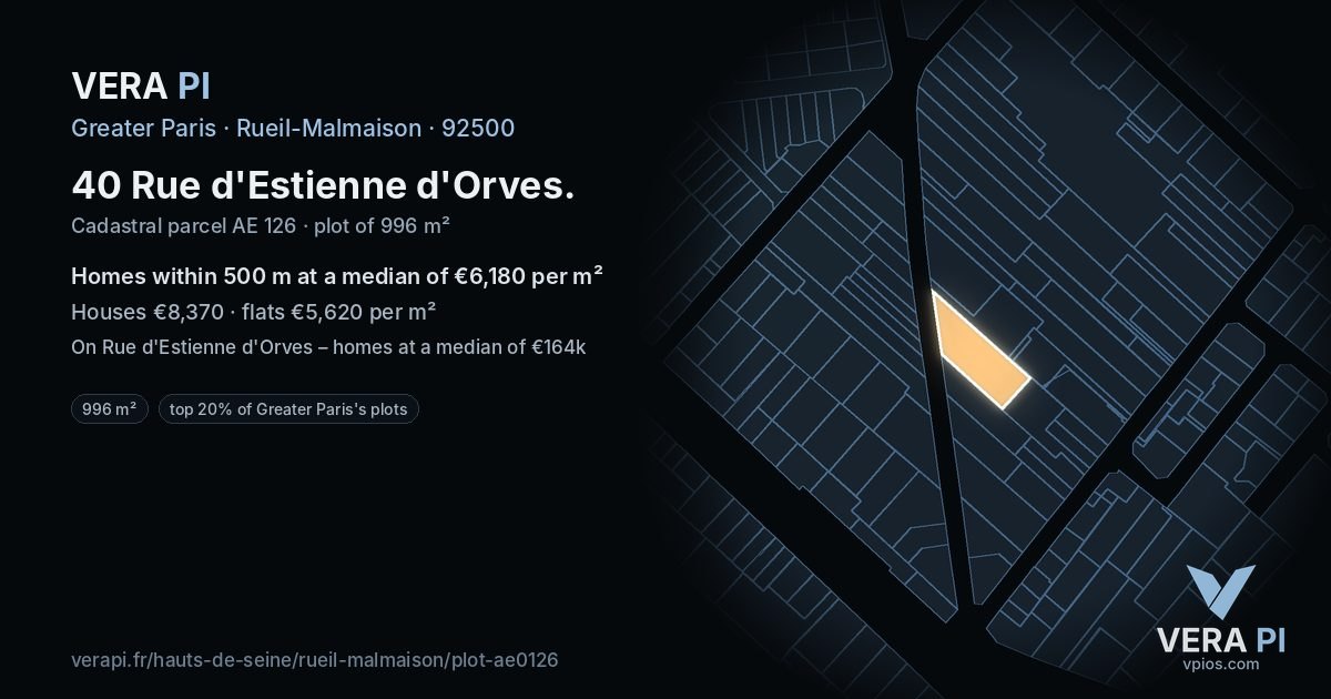 40 Rue d'Estienne d'Orves, Rueil-Malmaison at night – the plot lit, the parcels around coloured by the prices near them