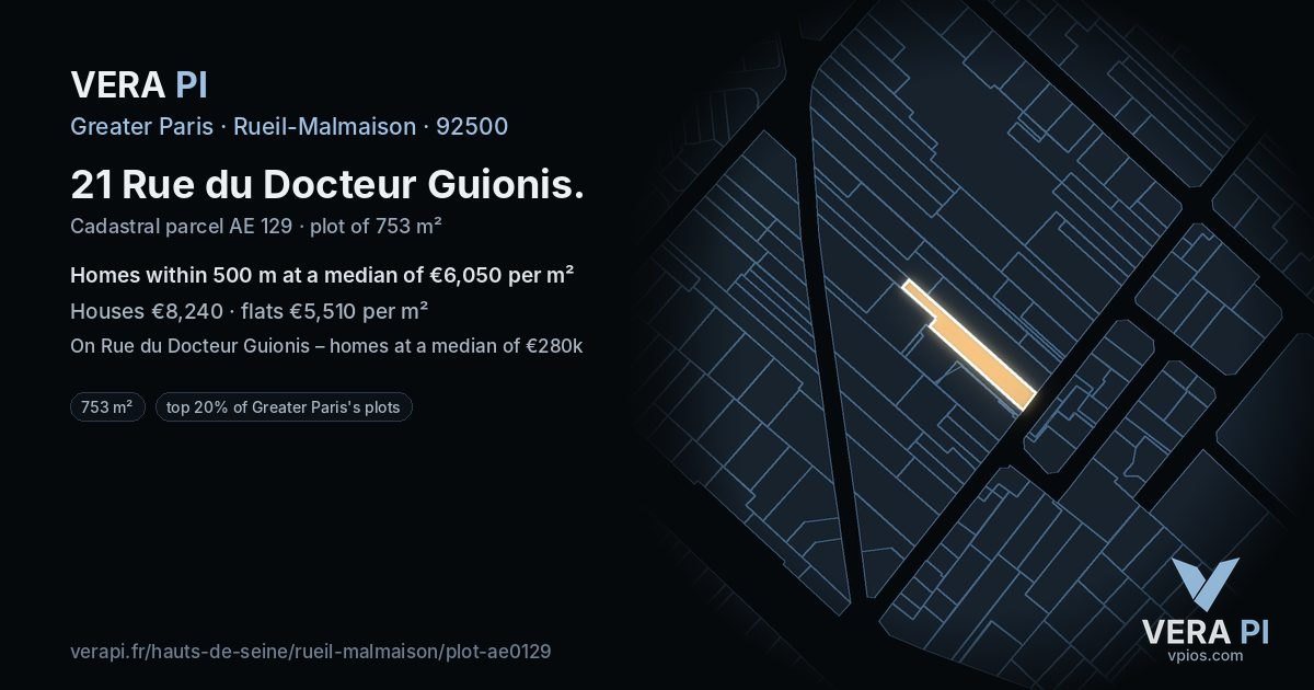 21 Rue du Docteur Guionis, Rueil-Malmaison at night – the plot lit, the parcels around coloured by the prices near them