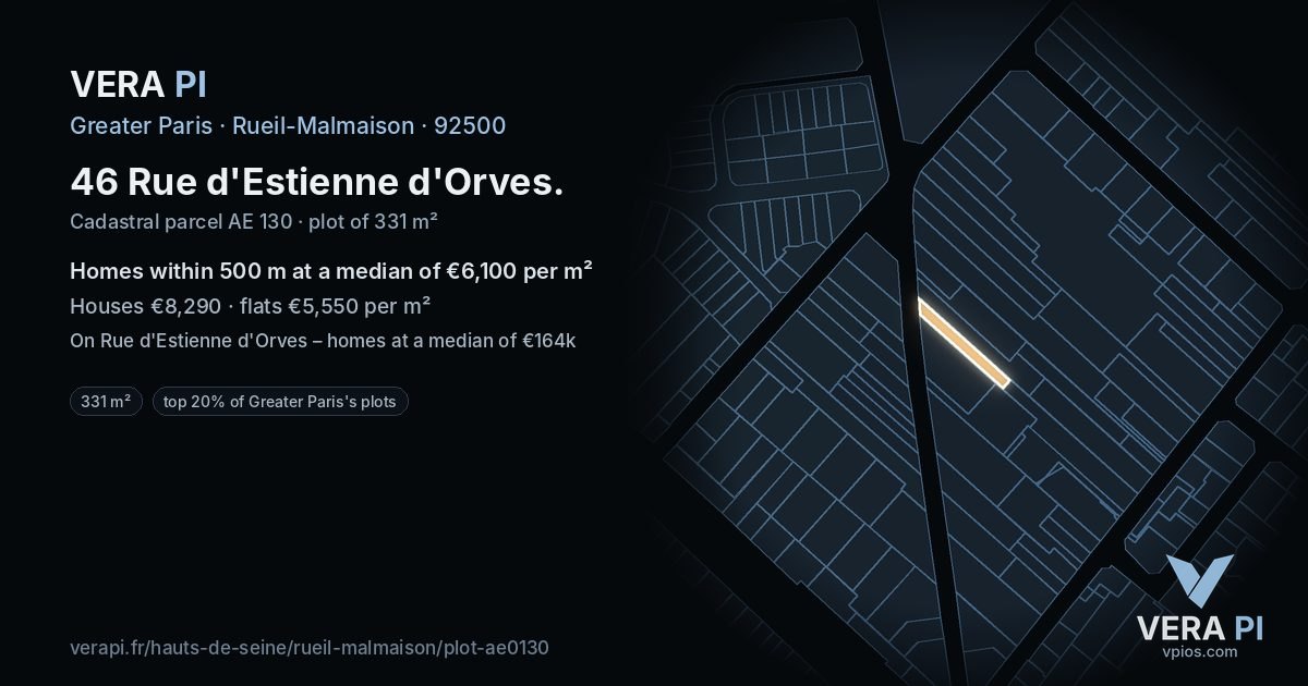 46 Rue d'Estienne d'Orves, Rueil-Malmaison at night – the plot lit, the parcels around coloured by the prices near them