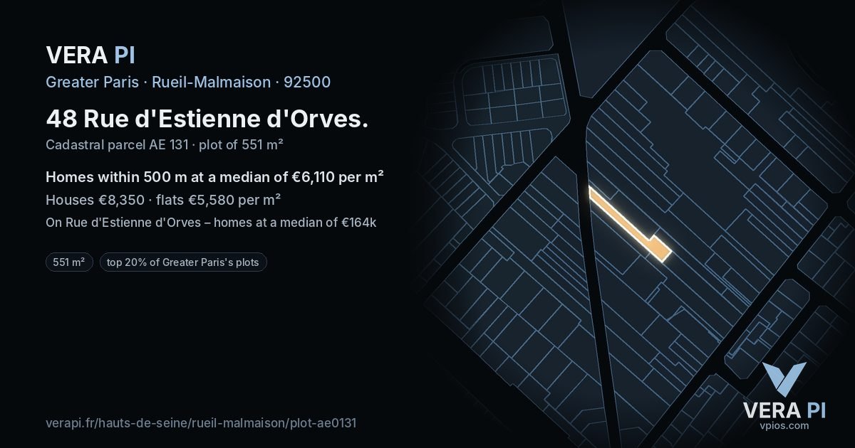 48 Rue d'Estienne d'Orves, Rueil-Malmaison at night – the plot lit, the parcels around coloured by the prices near them
