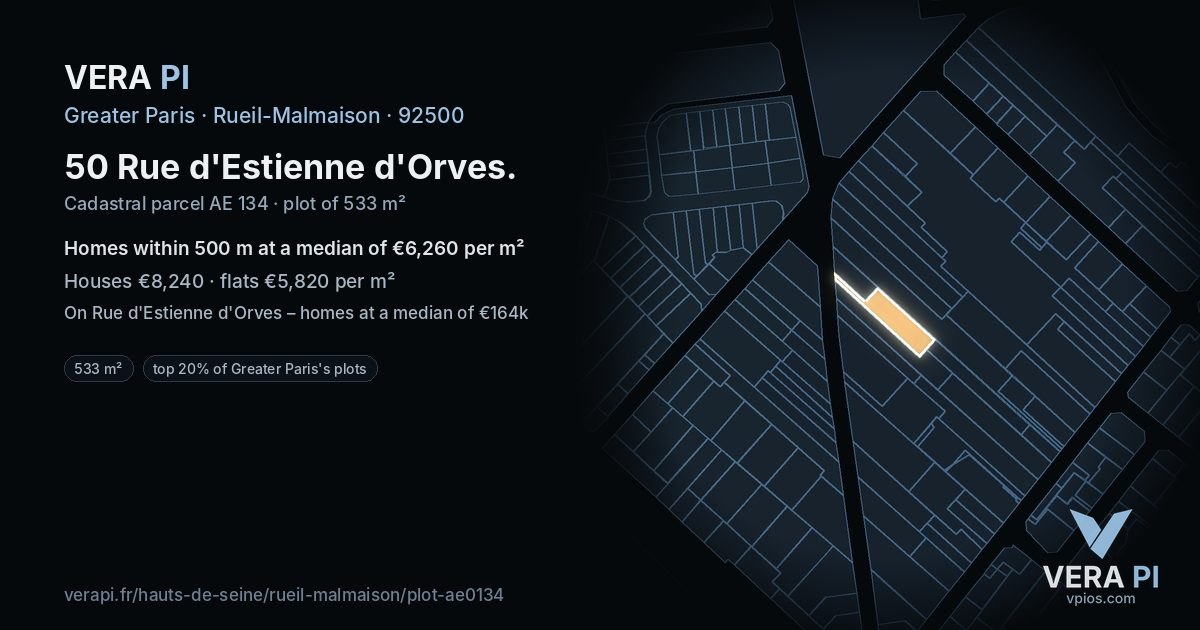 50 Rue d'Estienne d'Orves, Rueil-Malmaison at night – the plot lit, the parcels around coloured by the prices near them