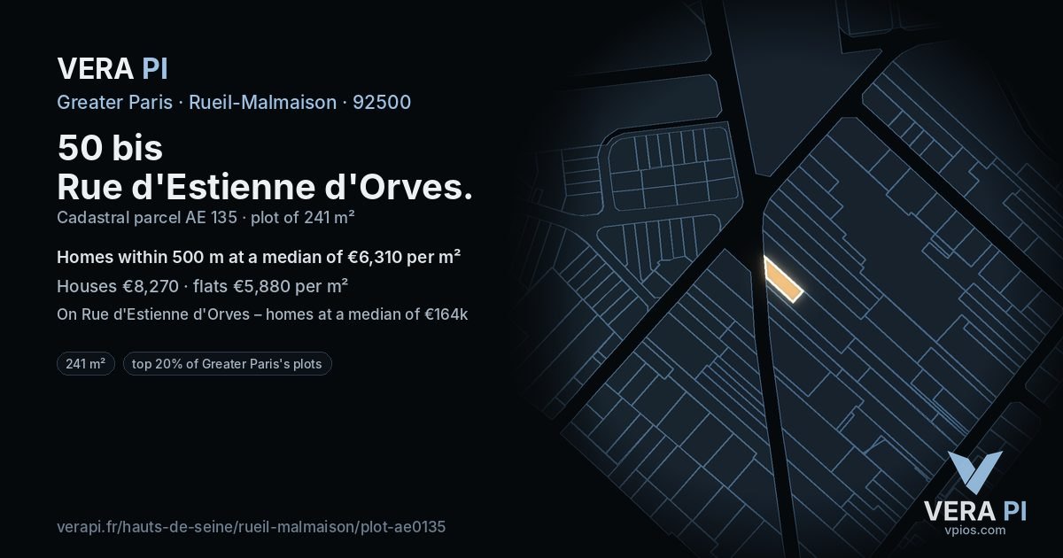 50 bis Rue d'Estienne d'Orves, Rueil-Malmaison at night – the plot lit, the parcels around coloured by the prices near them