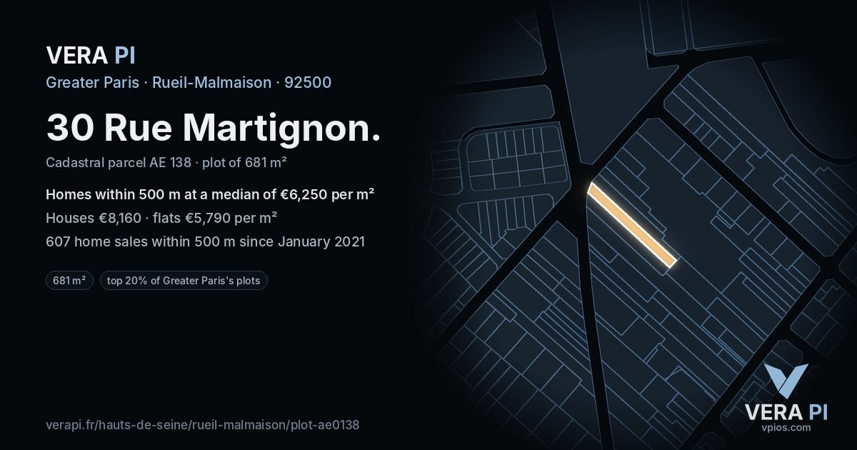 30 Rue Martignon, Rueil-Malmaison at night – the plot lit, the parcels around coloured by the prices near them