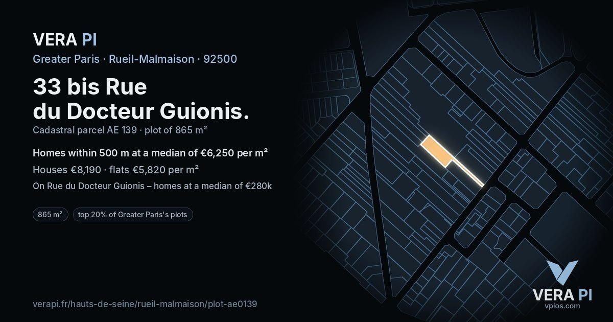 33 bis Rue du Docteur Guionis, Rueil-Malmaison at night – the plot lit, the parcels around coloured by the prices near them