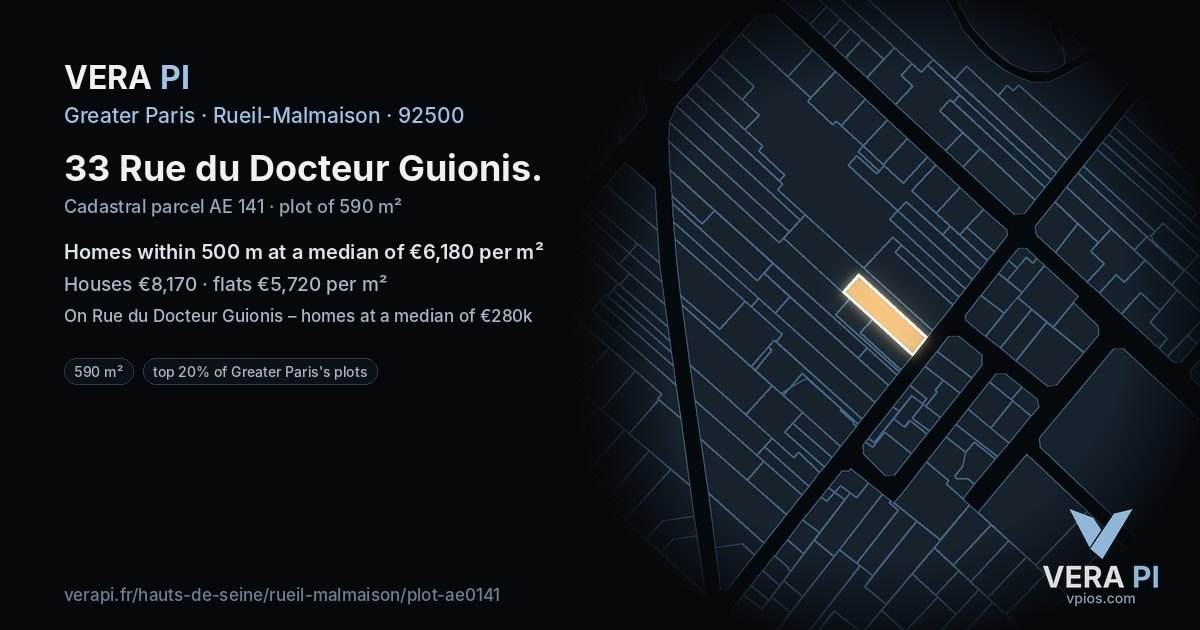 33 Rue du Docteur Guionis, Rueil-Malmaison at night – the plot lit, the parcels around coloured by the prices near them