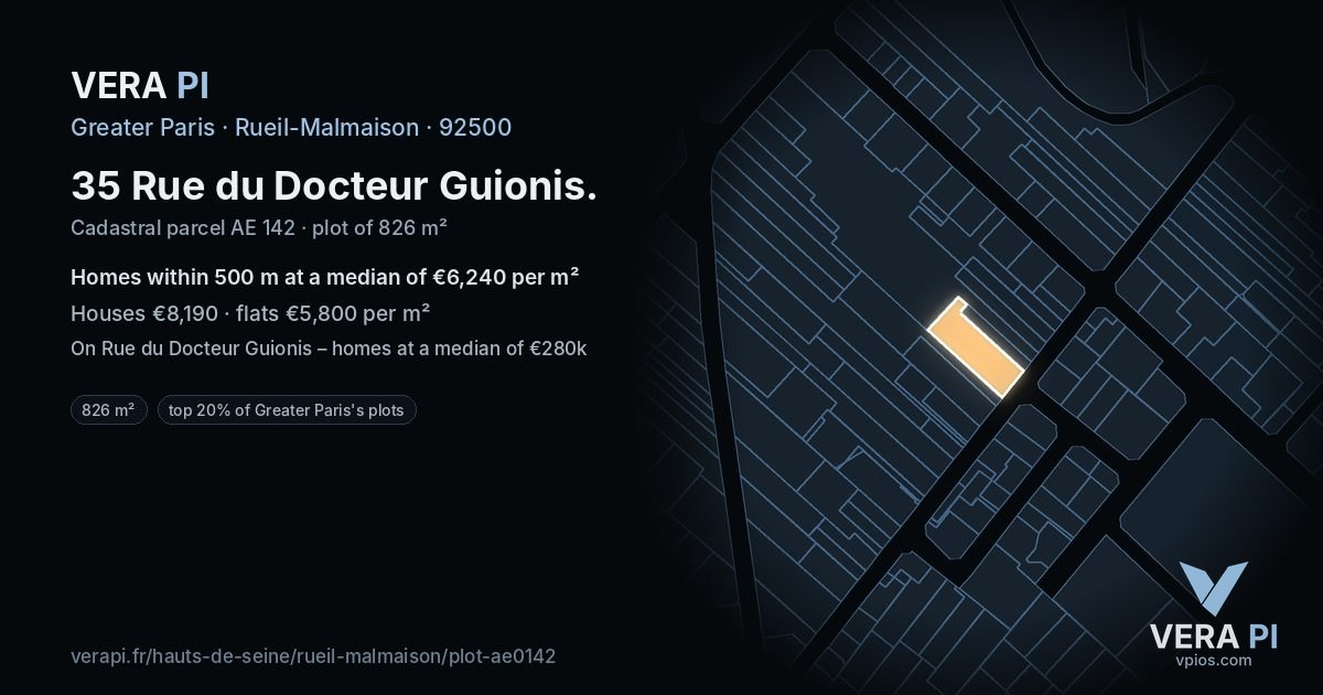 35 Rue du Docteur Guionis, Rueil-Malmaison at night – the plot lit, the parcels around coloured by the prices near them